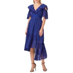 Three Floor Blue Polka Dot Asymmetrical Dress